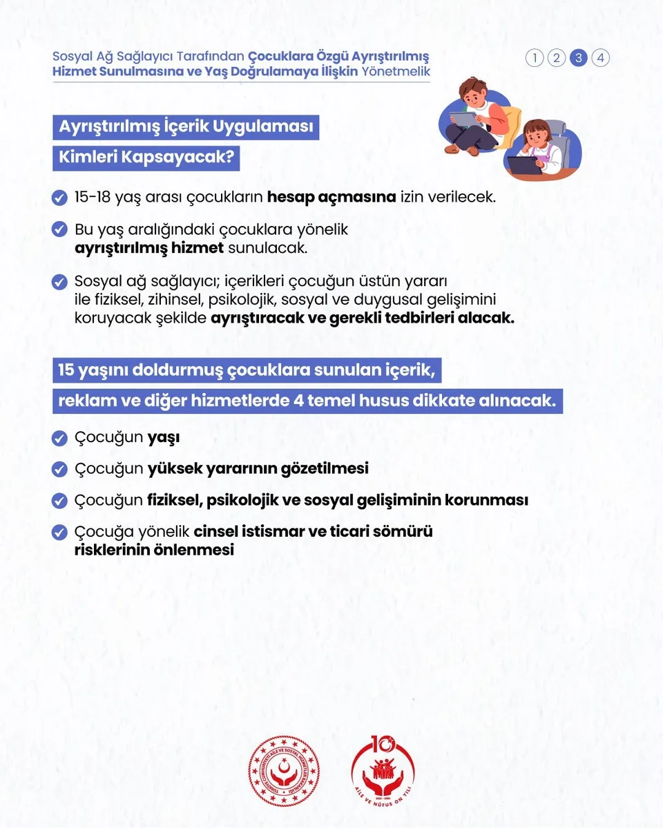 AİLE VE SOSYAL HİZMETLER BAKANI MAHİNUR ÖZDEMİR GÖKTAŞ, “RESMİ GAZETE’DE YAYIMLANAN YÖNETMELİK İLE ÇOCUKLARIMIZI DİJİTAL DÜNYANIN RİSKLERİNDEN KORUMA VE ONLARA GÜVENLİ DİJİTAL ALANLAR SUNMA KARARLILIĞIMIZI SOMUT ADIMLARLA GÜÇLENDİRİYORUZ” DEDİ.