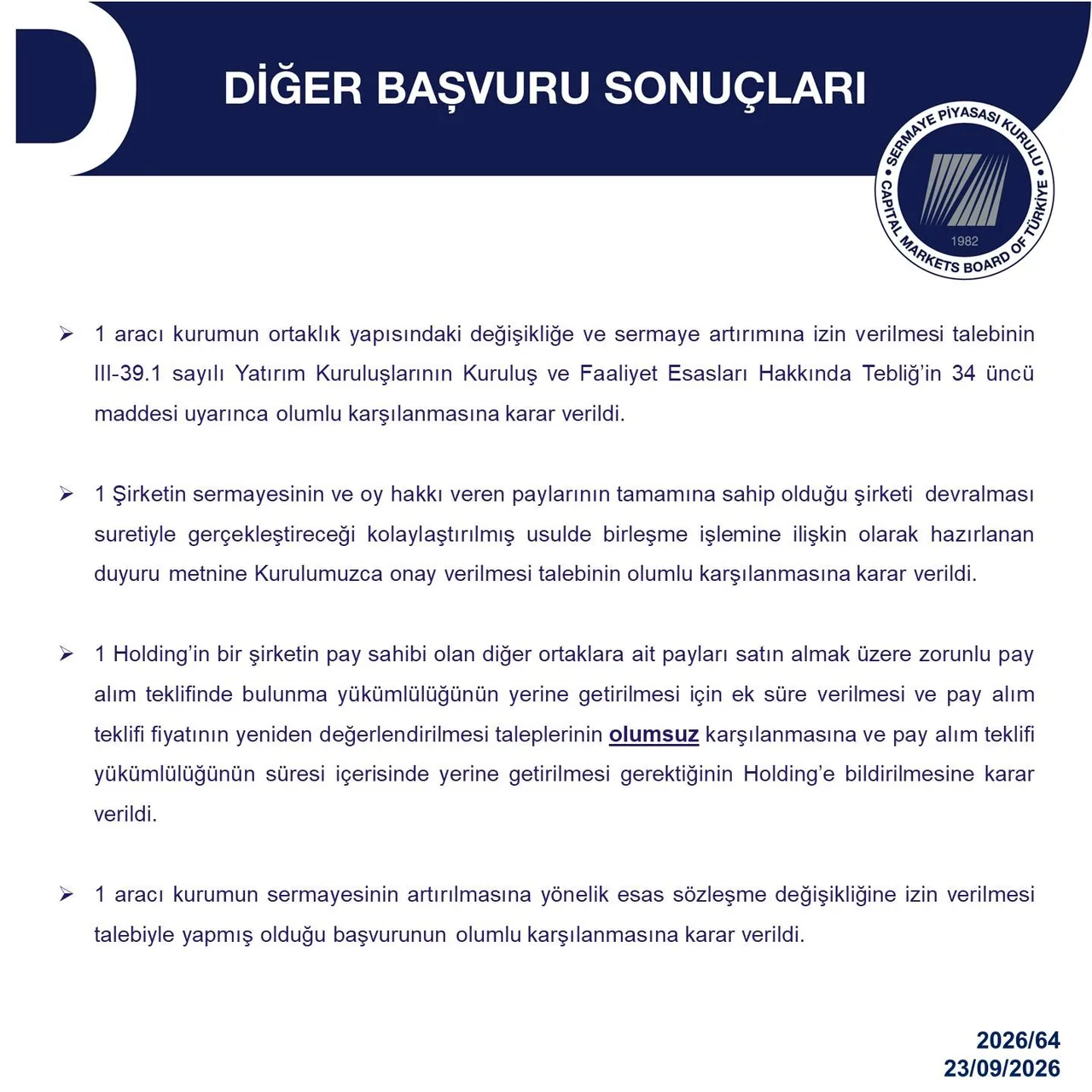 SERMAYE PİYASASI KURULU (SPK), 23 EYLÜL 2026 TARİHLİ BÜLTENİNDE 3 GERÇEK VE 1 TÜZEL KİŞİYE TOPLAM 71 MİLYON 26 BİN 385 LİRA İDARİ PARA CEZASI UYGULANMASINA KARAR VERDİ