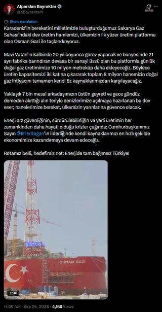 Alparslan Bayraktar: Osman Gazi günlük 10 milyon m³ ekleyecek — fotoğraf 2