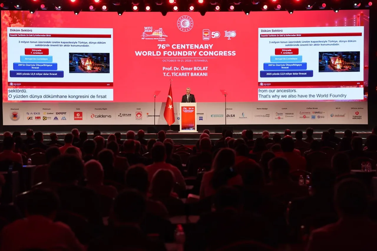DÖKÜM SEKTÖRÜNÜN GELECEĞİ, TEKNOLOJİK GELİŞMELER VE SÜRDÜRÜLEBİLİR ÜRETİM BAŞLIKLARININ ELE ALINDIĞI 76'NCI DÜNYA DÖKÜM KONGRESİ, 19-21 EKİM TARİHLERİNDE İSTANBUL’DA SEKTÖRÜN ULUSLARARASI TEMSİLCİLERİNİ BİR ARAYA GETİRDİ. KONGRENİN KAPANIŞ PROGRAMINDA TİCARET BAKANI ÖMER BOLAT KATILIMCILARA HİTAP ETTİ. BOLAT YAPTIĞI KONUŞMADA, DÖKÜM SEKTÖRÜNÜN STRATEJİK ÖNEMİNE, TÜRKİYE’NİN ÜRETİM VE İHRACAT KAPASİTESİNE VE KÜRESEL EKONOMİDEKİ KONUMUNA DEĞİNDİ.