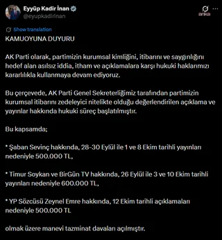 AK Parti'den Şaban Sevinç, Timur Soykan, Zeynel Emre ve BirGün TV'ye tazminat davası — fotoğraf 2