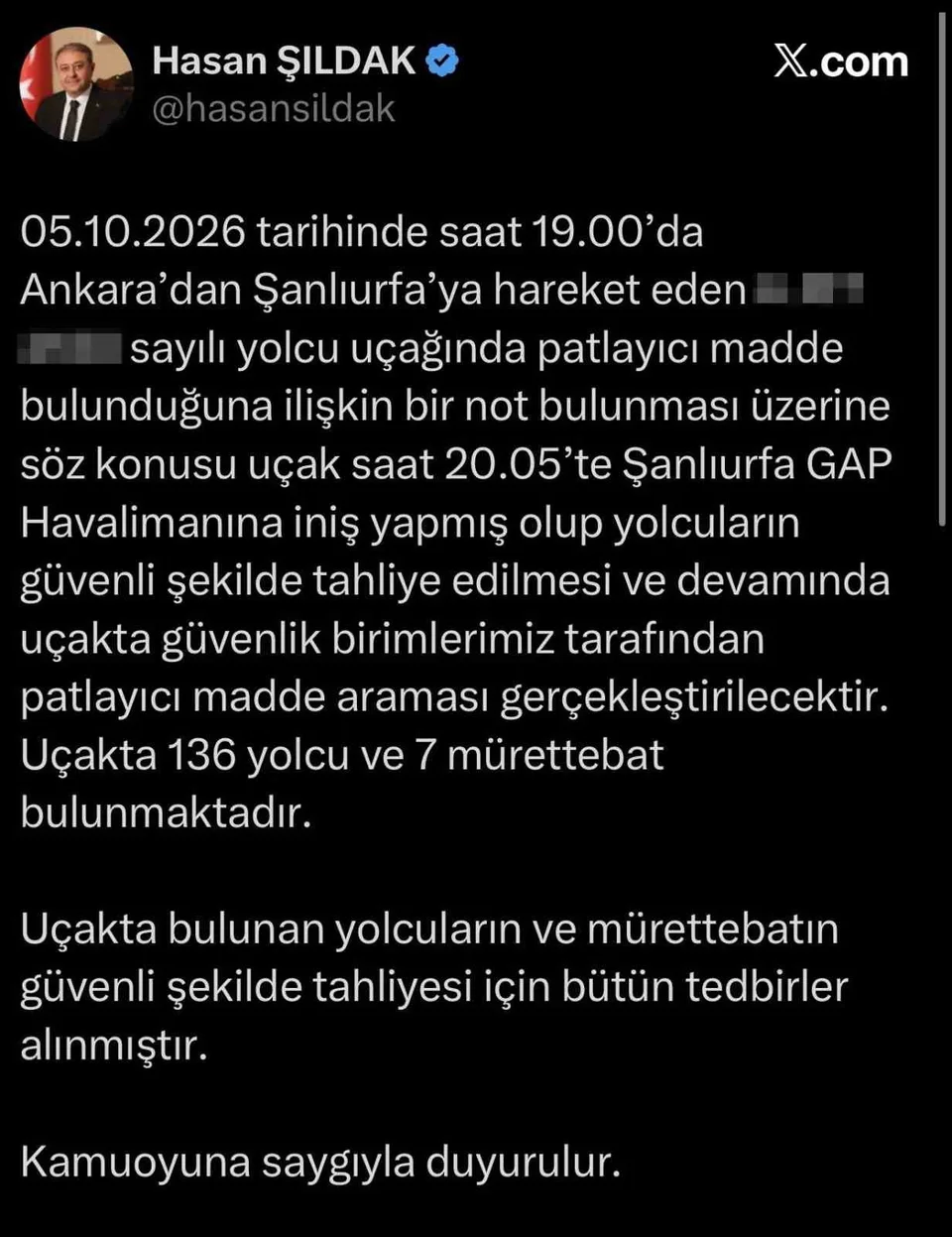 ŞANLIURFA VALİSİ HASAN ŞILDAK’TAN BOMBA İHBARI AÇIKLAMASI