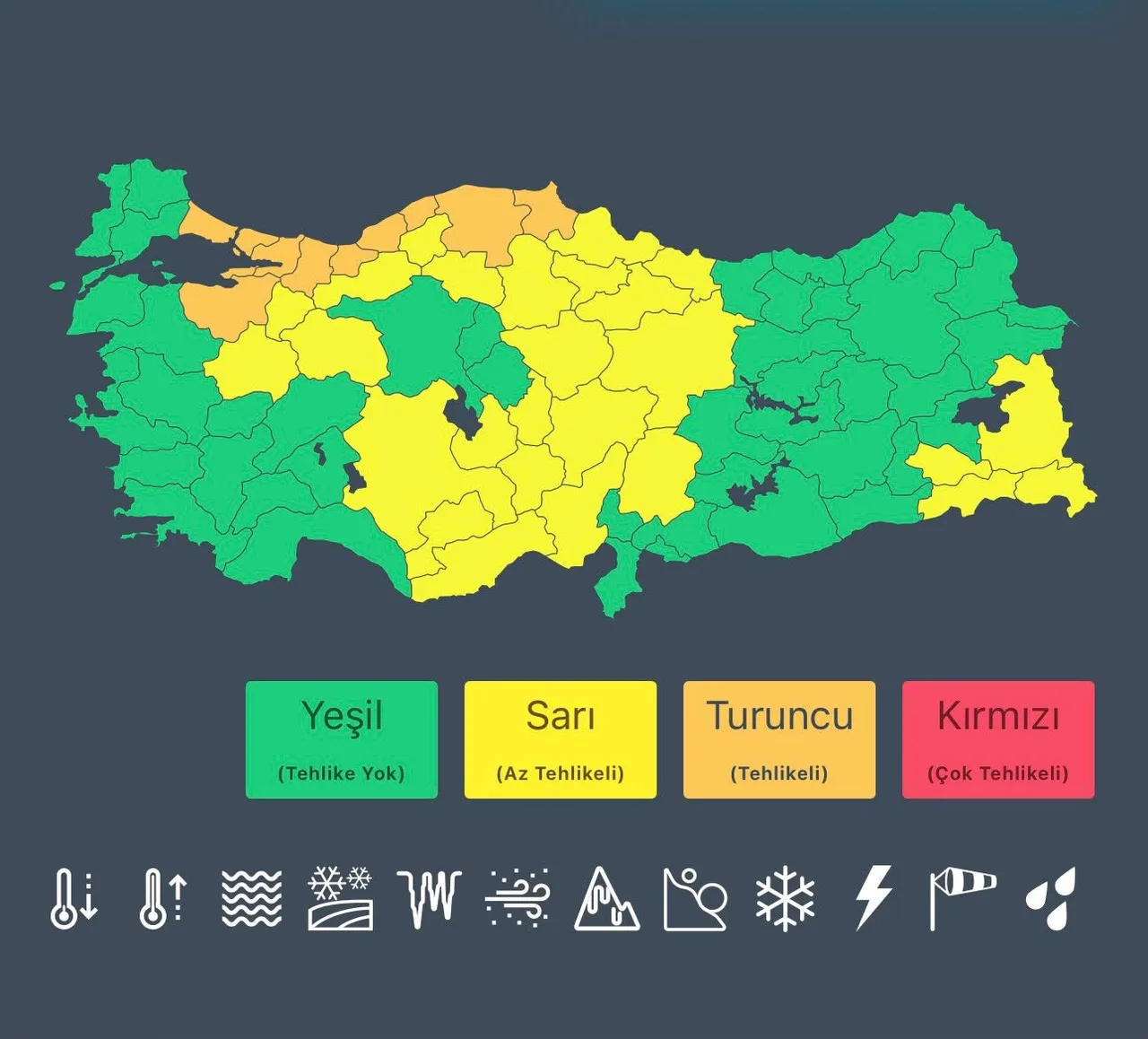 ÇEVRE, ŞEHİRCİLİK VE İKLİM DEĞİŞİKLİĞİ BAKANI MURAT KURUM, "YARIN 10 İLİMİZ İÇİN TURUNCU, 26 İLİMİZ İÇİN SARI KODLU UYARI BULUNUYOR. İSTANBUL, BURSA, KASTAMONU, KOCAELİ, SAKARYA, SİNOP, ZONGULDAK, BARTIN, YALOVA VE DÜZCE İÇİN KUVVETLİ YAĞIŞLARA KARŞI TURUNCU KODLU UYARI YAPILDI" DEDİ.