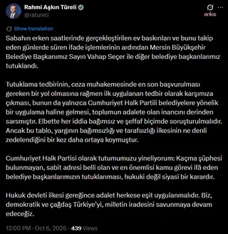 Vahap Seçer tutuklandı... Rahmi Aşkın Türeli: Adalet herkese eşit uygulanmalı — fotoğraf 2