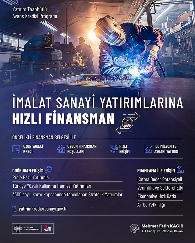 KACIR, TÜRKİYE'NİN SANAYİLEŞME YOLCULUĞUNA GÜÇ KATMAK VE STRATEJİK YATIRIMLARI HIZLANDIRMAK AMACIYLA İMALAT SANAYİİNE YÖNELİK TEŞVİK BELGESİ OLAN YATIRIMLAR İÇİN ÖNCELİKLİ FİNANSMAN BELGESİ (ÖFB) DÜZENLEYEREK, SANAYİCİLERE UZUN VADELİ VE UYGUN ŞARTLARDA YATIRIM KREDİSİNE HIZLI ERİŞİM İMKANI SUNDUKLARINI KAYDETTİ.