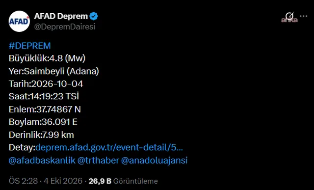 Adana Saimbeyli'de 4,8 büyüklüğünde deprem — fotoğraf 2